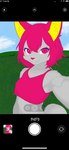 anthro camera_view clothing cloud crop_top eyelashes female forest fur grass grey_body grey_fur hair pink_clothing pink_crop_top pink_eyes pink_hair pink_nose pink_shirt pink_topwear plant purple_eyelashes selfie shirt sky smile solo teeth topwear tree thekitsuyt gure_(thekitsuyt) canid canine fox mammal cel_shading hi_res shaded signature