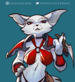 anthro armor bikini_armor breasts claws clothed clothing dagger female finger_claws fingers front_view fur holding_object holding_weapon looking_at_viewer mature_female melee_weapon midriff navel red_eyes shoulder_pads simple_background skimpy smile solo unconvincing_armor weapon white_body bilkaya blizzard_entertainment warcraft canid canine fox mammal vulpera digital_media_(artwork)