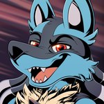 absurd_res anthro augury_(artist) blue_body blue_fur discario evil_face evil_grin fangs fur generation_4_pokemon hi_res icon looking_at_viewer lucario male nintendo open_mouth open_smile pokemon pokemon_(species) red_eyes smile snarling solo teeth tongue