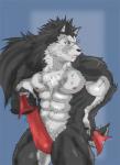 abs anthro asian_clothing athletic biceps big_muscles biped black_nose bulge chest_tuft clothed clothing east_asian_clothing fundoshi fur grey_body grey_fur japanese_clothing male muscular muscular_anthro muscular_male nipples pecs pose purple_eyes scar solo standing topless tuft underwear reclamon sega shining_(sega) shining_force shining_wind rouen_(shining) canid canine canis mammal wolf