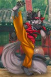 4_toes anthro anysilvery bardouthegarou canid canine canis claws clothing feet hi_res kick looking_at_viewer male mammal on_one_leg pawpads raised_leg smile solo standing toes wolf