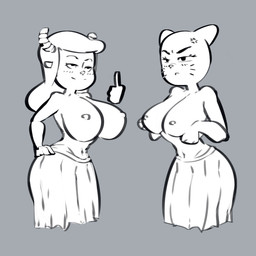 2_horns angry anthro arms_bent bent_arm big_breasts big_nipples biped blush blush_lines bottomwear breast_envy breast_size_difference breasts closed_frown clothed clothing comparing comparing_breasts cross-popping_vein curved_eyebrows duo eyebrows eyelashes female fingers frown gesture grey_background hair hand_gesture hand_on_hip hand_on_own_hip holding_breast horn huge_breasts long_hair looking_at_another markings middle_finger mouth_closed navel nipples pointy_ears prick_ears simple_background skirt small_nose small_waist smile smirk smug standing topless topless_anthro topless_female whisker_markings wide_hips edalv cartoon_network the_amazing_world_of_gumball chun-ni nicole_watterson bovid caprine domestic_cat felid feline felis goat mammal 1:1 2023 absurd_res digital_drawing_(artwork) digital_media_(artwork) hi_res monochrome