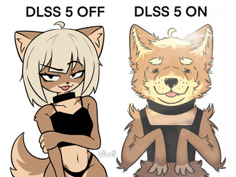 :3 anthro before_and_after clothing eyebrows female flat_chested panties raised_eyebrow shirt simple_background smug solo tank_top tongue tongue_out topwear underwear white_background dogfailureowo dlss5_(meme) hana_(dogfailureowo) canid canine canis domestic_dog mammal hi_res