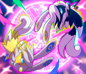 2_tails ambiguous_gender anthro blonde_hair blue_body blue_eyes blue_fur blue_hair blue_markings curled_tail duo featureless_feet featureless_hands feet floating fur genetic_chimerism gloves_(marking) hair head_markings heterochromia leg_markings levitation looking_at_viewer magic magic_circle markings multi_tail multicolored_body multicolored_fur multicolored_hair neck_tuft open_mouth pink_background simple_background socks_(marking) sparkles tail tail_markings text tuft two_tone_body two_tone_fur two_tone_hair upside_down white_body white_fur white_hair white_markings yellow_body yellow_eyes yellow_fur yellow_markings hwaffuru nintendo pokemon felid generation_9_pokemon mammal mega_evolution mega_meowstic pokemon_(species) shiny_pokemon absurd_res artist_name hi_res