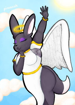 anthro armpit_focus armpit_musk biped bracelet clothing cloud dark_body dark_fur dress eyelashes eyeshadow feathered_wings feathers female fur halo jewelry makeup musk musk_cloud musky_armpit raised_arm shush sky solo sun tail thick_thighs white_clothing wide_hips wings pincoosh angel canid canine fennec_fox fox mammal true_fox digital_media_(artwork) hi_res signature