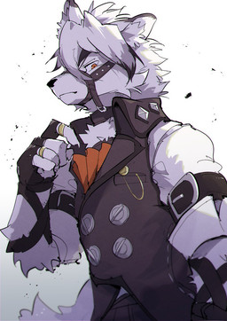 anthro armband butler chest_tuft clock clothing fur gloves hair handwear harness leather leather_harness leather_strap male multicolored_body multicolored_fur muzzle_(object) ring simple_background solo straps suit tuft two_tone_body two_tone_fur waiter_suit watch white_background white_body white_fur white_hair raferafe mihoyo zenless_zone_zero von_lycaon canid canine canis mammal wolf 2022