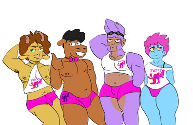 anthro armpit_hair barazoku belly blue_body body_hair bottomwear bow_tie brown_body brown_fur brown_hair capivara clothing curly_hair femboy fur group hair horn male not_furry panties pink_body pink_bottomwear pink_clothing pink_fur pink_hair pink_panties pink_shorts pink_underwear shorts slightly_chubby slightly_chubby_male thick_thighs topknot underwear waiter yellow_body yellow_eyes yellow_fur capivara_furra capivara_(capivara_furra) bovid caprine capybara caviid demon ghost goat haplorhine mammal monkey primate rodent spirit hi_res
