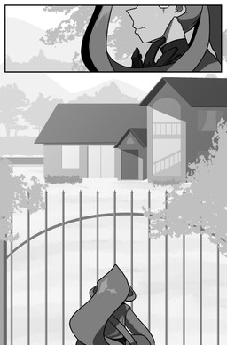 bandage bandaged_head biped building clothed clothed_female clothed_human clothing detailed_background dried_blood female female_human gate hair head_wound house human_only long_hair not_furry outside ponytail solo cuchuflin romi_(cuchuflin) human mammal 2026 absurd_res comic digital_drawing_(artwork) digital_media_(artwork) greyscale hi_res monochrome