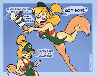 anthro apron barista beverage big_breasts bikini blonde_hair blush breasts choker clothed clothing coffee coffee_cup constricted_pupils container cup dialogue employee_uniform eye_bags eyebrows eyelashes eyeshadow eyewear feet female freckled_breasts freckled_face freckled_hips freckles fur glasses green_apron green_clothing green_eyes hair hat headgear headwear jewelry long_eyelashes makeup mascara necklace open_mouth pupils red_bikini red_clothing red_swimwear round_glasses small_pupils solo speech_bubble swimwear tail tear_trough text tripping two-piece_swimsuit visor_cap wearing_glasses yellow_body yellow_fur psicoyote animal_crossing i_mean_breast_milk nintendo isabelle_(animal_crossing) canid canine canis domestic_dog mammal shih_tzu toy_dog absurd_res english_text hi_res meme