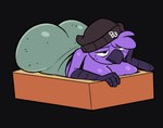 anthro beak beanie bedding big_breasts big_butt black_beanie black_clothing black_hat black_headwear blanket box breasts butt cleavage clothed clothing container female female_anthro freckled_face freckles hair hat headgear headwear huge_butt in_box in_container lying monotone_body non-mammal_breasts on_front purple_body purple_hair scuted_arms scutes simple_background solo tired tired_eyes ultrahyper beat_banger bunfan_games zoe_monroe avian bird 2022 colored digital_drawing_(artwork) digital_media_(artwork)