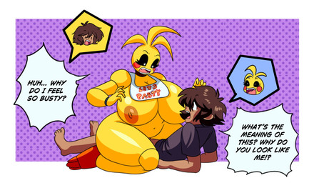 bib big_breasts black_clothing black_shirt black_topwear body_swap breasts brown_eyes brown_hair clothed clothing confusion exposed_breasts eyelashes feet female hair machine male nude nude_female open_mouth pantsless sex shirt surprised topwear unexpected white_eyes yellow_body lueduar five_nights_at_freddy's five_nights_at_freddy's_2 scottgames toy_chica_(fnaf) animatronic avian bird chicken galliform human mammal phasianid robot hi_res