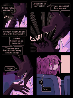 anthro bodily_fluids claws clothing dialogue duo fangs female fur hair homeless male male/female open_mouth red_eyes shirt shocked smile sweat teeth text tongue topwear ponporio homeless_dog the_suit_(ponporio) canid canine canis domestic_dog mammal 3:4 absurd_res comic english_text hi_res