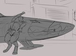 aircraft anthro belt biped breasts clothing digitigrade female gesture jumpsuit muscular muscular_anthro raised_arm reclining simple_background smile solo spacecraft stretching vehicle waving doctordj hyena mammal spotted_hyena 2024 full-length_portrait hi_res monochrome portrait sketch