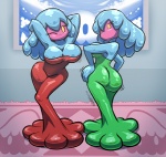 big_breasts blue_body breasts butt cleavage clothed clothing duo female green_clothing hair looking_at_viewer red_clothing seductive yellow_eyes conditional_dnp teckworks mario_and_luigi_(series) mario_bros nintendo superstar_saga gigi_(mario) jellyfish_sisters merri_(mario) animal_humanoid cnidarian cnidarian_humanoid goo_creature goo_humanoid humanoid jellyfish jellyfish_humanoid marine marine_humanoid medusozoan medusozoan_humanoid 2012 sibling_(lore) sister_(lore) sisters_(lore)