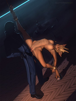 3_toes 4_fingers anthro anthro_penetrated bdsm bit_gag blush bodily_fluids bondage bound breasts clothed clothed_human clothed_male clothed_sex clothing cuff_(restraint) dark digitigrade dominant dominant_human dominant_male duo faceless_character faceless_human faceless_male feet female female_penetrated fingers flexible gag gagged genital_fluids genitals human_dominating_anthro human_on_anthro human_penetrating human_penetrating_anthro inside interspecies male male/female male_dominating_female male_penetrating male_penetrating_female metal_cuffs navel nipple_clamp nipples nude nude_anthro nude_female on_one_leg penetration penis predicament_bondage restraints sex shadow_face shadowed_face slave solo_focus spread_legs spreading standing submissive submissive_anthro submissive_female toes vaginal vaginal_fluids vaginal_penetration vulva quotermain master_of_orion empress_jasana alien felid human mammal mrrshan 2025 hi_res