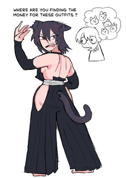 clothed clothing dress duo female looking_back male married_couple no_bra no_underwear tail text thought_bubble japversus ounce_(japversus) wiss_(japversus) animal_humanoid cat_humanoid felid felid_humanoid feline feline_humanoid human humanoid mammal mammal_humanoid absurd_res english_text hi_res