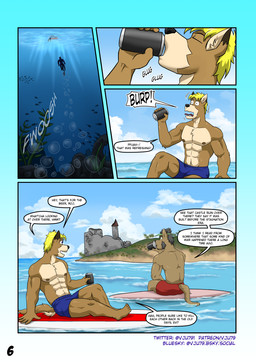 abs anthro barefoot beach beverage_can black_hair blonde_hair blue_bottomwear blue_clothing blue_shorts bottomwear brown_body brown_fur bubble burping can clothed clothing cloud cloudy_sky container day dialogue drinking drinking_beer feet floating foot_in_water fur glug group hair hat headgear headwear holding_can holding_container holding_object looking_at_building male muscular outside page_number pecs red_bottomwear red_clothing red_shorts sea shorts sitting sky sound_effects speech_bubble surfboard swimming swimming_trunks swimwear tail text topless topless_anthro topless_male trio underwater visor_cap water vju79 bluesky_(social_media) mythology twitter gharn_(vju79) guss_(vju79) roj_(vju79) aquatic aquatic_dragon canid canine canis dragon mammal mythological_creature mythological_scalie scalie wolf comic english_text hi_res multiple_scenes url
