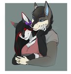 5_fingers anthro blue_eyes breasts clothed clothing duo eyebrows eyelashes eyes_closed female fingers grey_background male simple_background smile dafka canid canine canis domestic_dog mammal 2022 digital_media_(artwork)