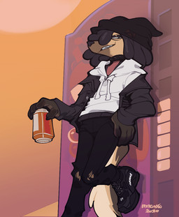 anthro beanie beverage clothing collar dreadlocks eyeshadow fashion hat headgear headwear hoodie jacket makeup male smile smiling_at_viewer soda solo streetwear topwear mangneto balenciaga devin_(yungyiff) canid canine canis domestic_dog german_shepherd herding_dog mammal pastoral_dog