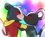 2024 black_body black_fur blush blush_lines clothing crushpepper digital_drawing_(artwork) digital_media_(artwork) duo eyes_closed fur heart_symbol hearts_around_head hi_res jacket kerchief kiss_on_lips kissing male male/male mammal mammal_taur mephitid mephitid_taur multicolored_body multicolored_fur neckerchief oxynard pepper_(crushpepper) pepper_(crushpepper)_(skunk_form) rainbow_background red_eyes scarf simple_background skunk skunk_taur taur topwear two_tone_body two_tone_fur white_body white_fur