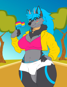 anthro big_breasts biped blue_eyes blue_hair blue_markings bodypaint breasts clothed clothing face_paint gynomorph gynomorph_anthro hair intersex intersex_anthro jewelry lgbt_pride markings outside pansexual_pride_colors pride_color_flag pride_colors smile solo standing drawing-dragon lgbt_pride_month mythology ethmeol canid canine canis dragon hybrid mammal mythological_creature mythological_scalie scalie wolf absurd_res hi_res