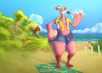 anthro beach beach_background big_butt butt clothed clothing day destruction destruction_of_property detailed_background fart fart_fetish group huge_butt hyper hyper_butt hyper_fart male outside sea shirtless slightly_chubby solo_focus thick_thighs water bombokato avian bird canid canine felid flamingo fox mammal