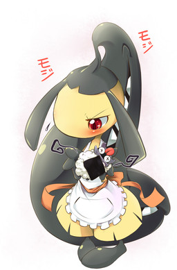 ambiguous_gender apron blush clothing food hair_mouth maid_uniform red_eyes simple_background solo text uniform white_background ukan_muri nintendo pokemon generation_1_pokemon generation_3_pokemon mawile pokemon_(species) shellder japanese_text translated