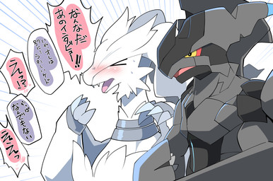 ambiguous_gender black_body blush blush_lines blush_symbol bodily_fluids claws dialogue duo embarrassed fangs flustered fur heart_symbol japanese open_mouth red_eyes simple_background speed_lines surprised sweat teeth text white_body white_fur azuma_minatsu nintendo pokemon generation_5_pokemon legendary_pokemon pokemon_(species) reshiram zekrom translated