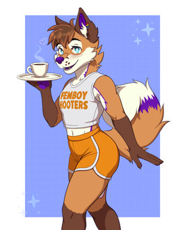 anthro athletic_wear beverage blue_background blue_eyes blush bottomwear brown_body brown_fur clothing coffee coffee_mug crop_top dolphin_shorts ear_piercing femboy fur gym_bottomwear gym_shorts heart_symbol holding_object holding_plate looking_at_viewer male open_mouth orange_body orange_bottomwear orange_clothing orange_fur orange_shorts piercing plate purple_body purple_fur purple_tongue rainbow_piercings shirt shorts simple_background smile smiling_at_viewer solo standing star_symbol text text_on_clothing text_on_shirt text_on_topwear tongue topwear white_background white_body white_clothing white_fur white_shirt white_topwear nyxiedraws femboy_hooters mochafox_(itsmochafox) canid canine fox mammal red_fox true_fox absurd_res hi_res