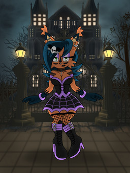 accessory alternative_fashion anthro big_breasts black_hair black_nose bracelet breasts brown_body building clothed clothing ear_piercing ear_ring eyeshadow female fur gate goth green_eyes hair hair_accessory hairclip haunted_house holidays house jewelry legwear looking_at_viewer makeup male night outside piercing plant ring_piercing solo street_lamp topwear tree weebmochi69 archie_comics halloween sega sonic_the_hedgehog_(archie) sonic_the_hedgehog_(comics) sonic_the_hedgehog_(series) nicole_the_lynx digital_creature felid feline lynx mammal 3:4 digital_media_(artwork)