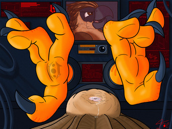 3_toes 4_toes anatomically_correct animal_genitalia anisodactyl avian_butt avian_feet barefoot bdsm beak big_feet bodily_fluids bondage bound brown_eyes camera claws cloaca cum curling_toes detailed_background electronics feathers feet feral foot_focus forced genital_fluids genitals laboratory logo male monitor nude open_mouth public_use science solo talons tattoo text through_wall toe_claws toes tongue fol core_collapse pirate_eagle accipitrid accipitriform avian bird eagle philippine_eagle 2019 4:3 english_text hi_res