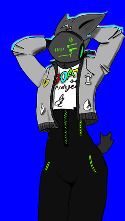 4_eyes :t anthro black_bottomwear black_clothing black_pants blue_background blush bottomwear clothing cross-popping_vein femboy fur green_eyes grey_body grey_clothing grey_fur grey_jacket grey_topwear hands_behind_head high_waisted_pants jacket machine male multi_eye pants protogen_visor shirt short_tail simple_background solo standing tail text text_on_clothing text_on_shirt text_on_topwear topwear white_clothing white_shirt white_topwear protogen digital_drawing_(artwork) digital_media_(artwork) portrait shaded soft_shading three-quarter_portrait