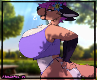 big_breasts breasts clothing crop_top female hair hand_on_hip huge_breasts looking_at_viewer orange_body outside public purple_eyes purple_hair shirt thick_thighs thong topwear underwear wide_hips r3drunner canid canine fox mammal 2025