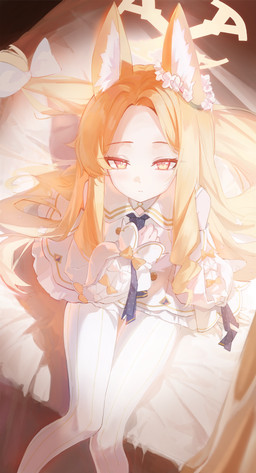 accessory animal_ears bare_shoulders bed blonde_hair bow_(feature) clothing dress female fluffy_ears furniture hair hair_accessory half-closed_eyes halo hand_on_chest knock-kneed legwear long_hair looking_up narrowed_eyes on_bed pantyhose sitting sitting_on_bed white_clothing white_dress white_legwear white_pantyhose yellow_eyes young young_female young_humanoid 5higure blue_archive nexon seia_(blue_archive) animal_humanoid canid canid_humanoid canine canine_humanoid fox_humanoid humanoid mammal mammal_humanoid absurd_res hi_res
