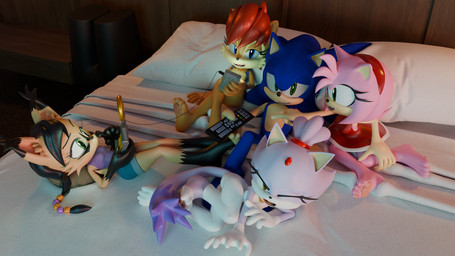4_toes anthro barefoot bed bedroom blue_body blue_fur bodysuit bottomwear brown_body brown_fur cheek_tuft clothing controller dress ear_tuft facial_tuft feet female fur furniture group hair handheld_console hero lidded_eyes male open_mouth pawpads paws pillow pink_body pink_fur pink_pawpads plantigrade ponytail princess purple_body purple_fur relaxing remote_control ring royalty shorts skinsuit soles tight_clothing toes tuft yawn rotalice2 ssawnds_(modeler) archie_comics sega sonic_the_hedgehog_(archie) sonic_the_hedgehog_(comics) sonic_the_hedgehog_(series) amy_rose blaze_the_cat nicole_the_lynx sally_acorn sonic_the_hedgehog chipmunk domestic_cat eulipotyphlan felid feline felis ground_squirrel hedgehog lynx mammal rodent sciurid 16:9 3d_(artwork) digital_media_(artwork) hi_res widescreen