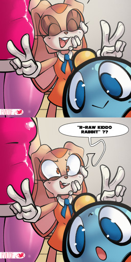 5_fingers ambiguous_gender anthro biped clothed clothing cloud dialogue ellipsis eyelashes eyes_closed female fingers gesture gloves group hand_gesture handwear holding_object open_mouth outside speech_bubble text tongue tongue_out v_sign young young_anthro eviltqf sega sonic_the_hedgehog_(series) amy_rose cream_the_rabbit chao_(sonic) eulipotyphlan hedgehog lagomorph leporid mammal rabbit 2026 absurd_res digital_media_(artwork) english_text hi_res long_image tall_image