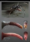 8_legs alien alien_(franchise) alien_genitalia bodily_fluids concept_art dane_hallett digital_media_(artwork) english_text erection facehugger feral genital_fluids genitals hi_res male multiple_versions official_art ovipositor penis simple_background solo tail text xenomorph