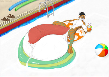 anthro balls big_balls big_penis bodily_fluids cum excessive_cum excessive_genital_fluids genital_fluids genitals huge_balls huge_penis hyper hyper_balls hyper_genitalia hyper_penis male penis pool_float pool_toy precum solo swimming_pool aramisstargazer neo_(redtint) felid feline mammal pantherine tiger absurd_res hi_res