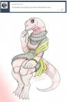 albino anthro breasts clothed clothing female markings non-mammal_breasts ribbed_clothing ribbed_sweater scarf solo sweater tail text topwear vipery-07 overlord_(series) crusch_lulu lizard lizardman lizardman_(overlord) reptile scalie 2017 english_text