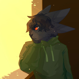 4_ears anthro arm_support black_hair black_nose cheek_tuft clothed clothing facial_tuft front_view fur green_clothing green_hoodie green_topwear grey_body grey_fur hair hoodie leaning_on_elbow male mouth_closed multi_ear narrowed_eyes pupils red_eyes solo standing topwear tuft unsigned yellow_pupils corzh77 species_request 1:1 half-length_portrait hi_res portrait