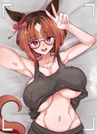 big_breasts blush blush_lines bottomwear breasts brown_hair clothing eyewear female gesture glasses hair hand_gesture multicolored_hair muscular muscular_female navel open_mouth open_smile recording red_eyes smile smiling_at_viewer solo tail topwear under_boob v_sign white_hair skeletons62 animal_humanoid humanoid absurd_res character_request hi_res