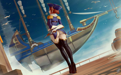 boots brown_hair clothed clothing female footwear gloves hair handwear high_heeled_boots high_heels legwear looking_at_viewer looking_back looking_back_at_viewer shoes solo thigh_boots thigh_highs weapon themaestronoob disney treasure_planet captain_amelia alien domestic_cat felid feline felis mammal 16:10 hi_res widescreen