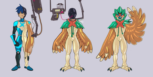 anthro beak blue_hair bulge clothing glistening glistening_body glistening_clothing gloves goo_transformation hair handwear hood latex latex_clothing latex_mask latex_skinsuit latex_transformation looking_at_viewer male mask nasal_tube raised_arm shawl simple_background skinsuit solo tight_clothing transformation wings yellow_eyes owy nintendo pokemon avian bird decidueye generation_7_pokemon human mammal pokemon_(species) hi_res