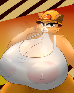anthro areola armor big_breasts bodily_fluids breasts clothing female firefighter firefighter_helmet firefighter_outfit firefighter_uniform headgear helmet huge_breasts nipple_outline nipples simple_background solo sweat sweaty_breasts uniform toshodosho evita_fuegos felid lion mammal pantherine 4:5 hi_res