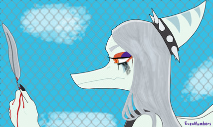 alternative_fashion amber_eyes anthro blood blue_body bodily_fluids bone_frill clothing cloud feathers female fence frill_(anatomy) furgonomics grey_hair hair makeup mascara punk running_makeup running_mascara self-harm sky snout solo spikes wings evennumbers cavemanon_studios goodbye_volcano_high ko_op_(game_developer) snoot_game fang_(gvh) prehistoric_species pterosaur reptile scalie 5:3 colored hi_res