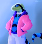 ambiguous_gender anthro blue_background blue_eyes bottomwear clothing collar hoodie shorts simple_background solo topwear featherfall fazian_(featherfall) elapid_(snake) reptile scalie sea_snake snake hi_res