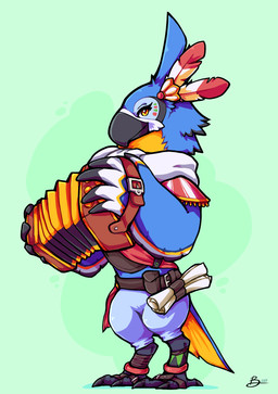 anthro bandoneon beak black_beak clothed clothing feather_hands feathers feet holding_musical_instrument holding_object looking_at_viewer male musical_instrument scroll simple_background solo standing talons toes yellow_eyes pachoo.pi breath_of_the_wild nintendo the_legend_of_zelda kass_(tloz) avian rito 2019 full-length_portrait portrait