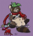 anthro balls big_balls featureless_crotch genitals huge_balls hyper hyper_balls hyper_genitalia keychain leaf male plushie purse scarf slightly_chubby solo standalone_balls tail aerynoustinne canid canine mammal raccoon_dog tanuki