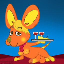 alcohol anthro balls beverage blonde_hair breasts brown_nose cheese chef_uniform clothed clothing container cup dairy_products drinking_glass food fur genitals glass glass_container glass_cup hair herm holding_tray intersex looking_at_viewer lying markings nipples on_side orange_body orange_fur penis simple_background solo striped_markings striped_tail stripes tail tail_markings wine wine_glass sergaelic animal_crossing nintendo bettina_(animal_crossing) mammal mouse murid murine rodent 2020 digital_media_(artwork)
