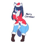 anthro blue_body blue_fur blue_hair boots christmas_clothing christmas_headwear clothing female fluffly fluffy_ears footwear fur hair happy hat headgear headwear holidays long_hair looking_at_viewer open_mouth open_smile red_eyes santa_hat shoes simple_background smile solo thick_thighs dali_(pixiv) christmas fan_character